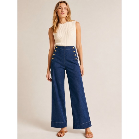 J. Crew Denim - J.Crew Womens Sailor Button Denim Trouser 6 TALL Nautical Wide Leg Indigo Jeans